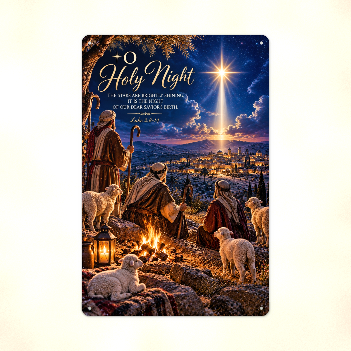 Close detail of the aluminum sign showing shepherds and their lambs overlooking Bethlehem under the star.
