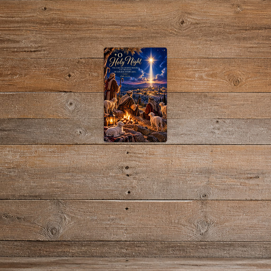 The aluminum sign showing shepherds and their lambs overlooking Bethlehem under the star, mounted on a rustic dark barnwood wall.
