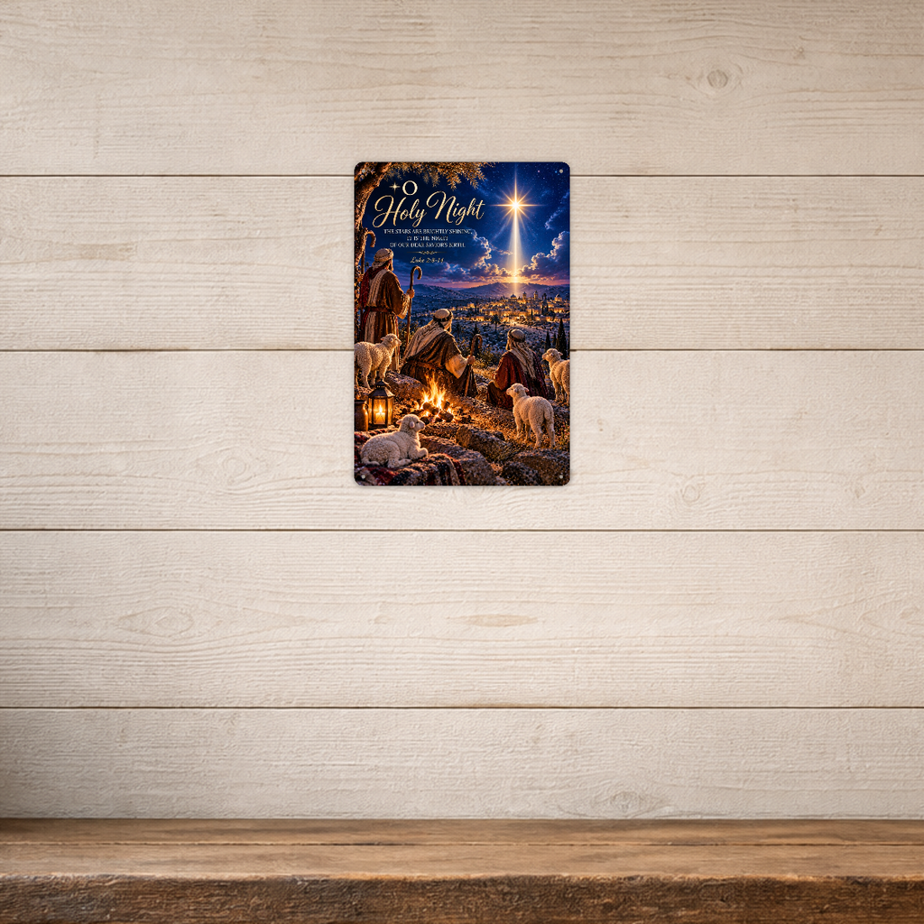 The aluminum sign showing shepherds and their lambs overlooking Bethlehem under the star, mounted on a light shiplap-paneled wall.