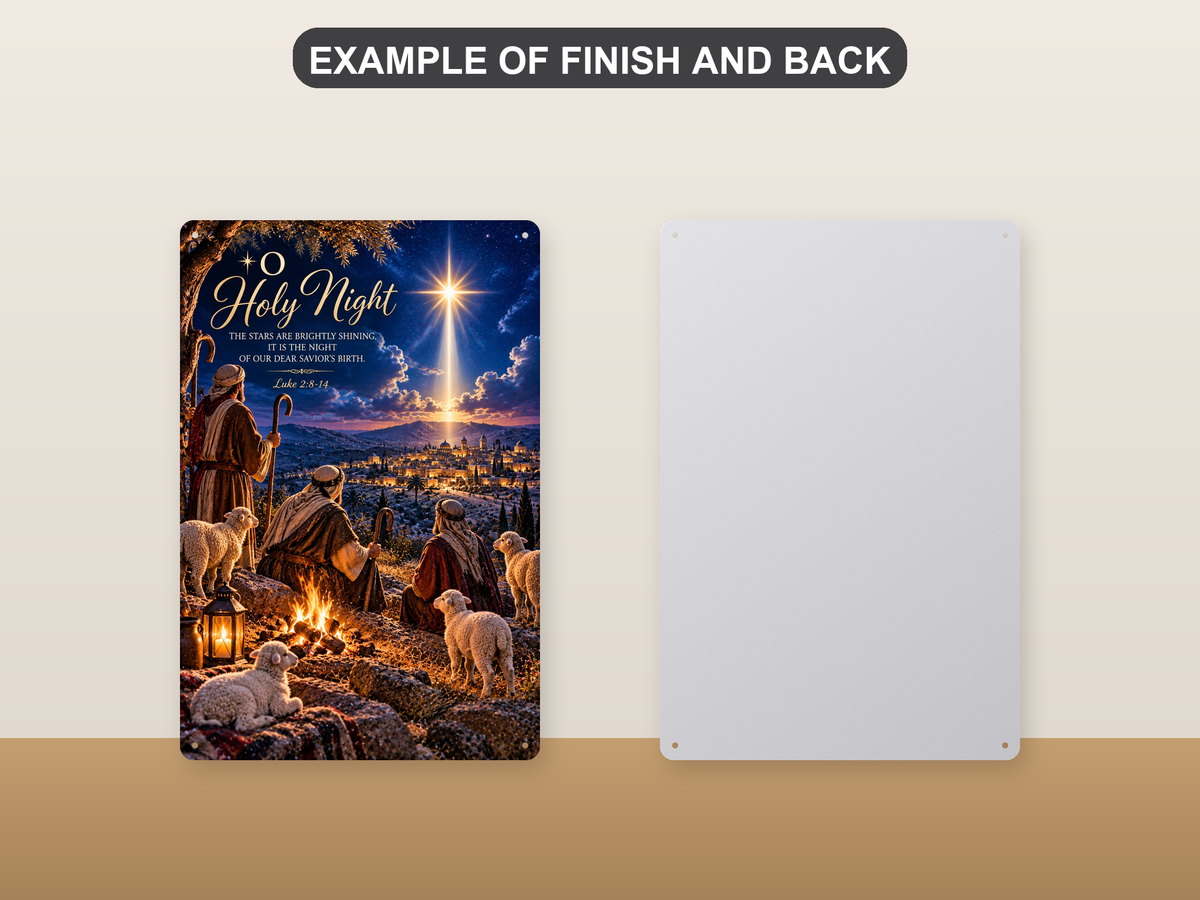 Front and back of the aluminum sign showing shepherds and their lambs overlooking Bethlehem under the star - the printed face and the plain pre-drilled back.