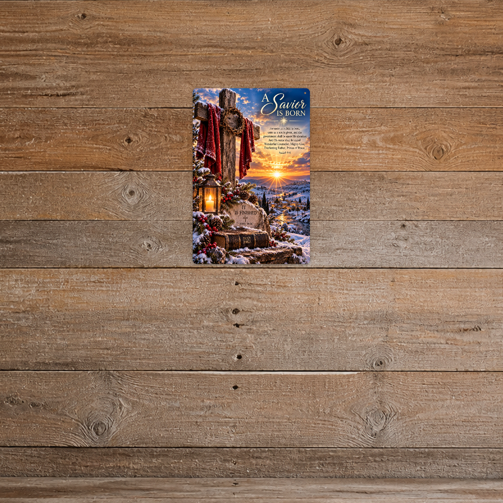 The aluminum sign showing a cross with a crown of thorns above an It Is Finished stone and a Holy Bible, mounted on a rustic dark barnwood wall.