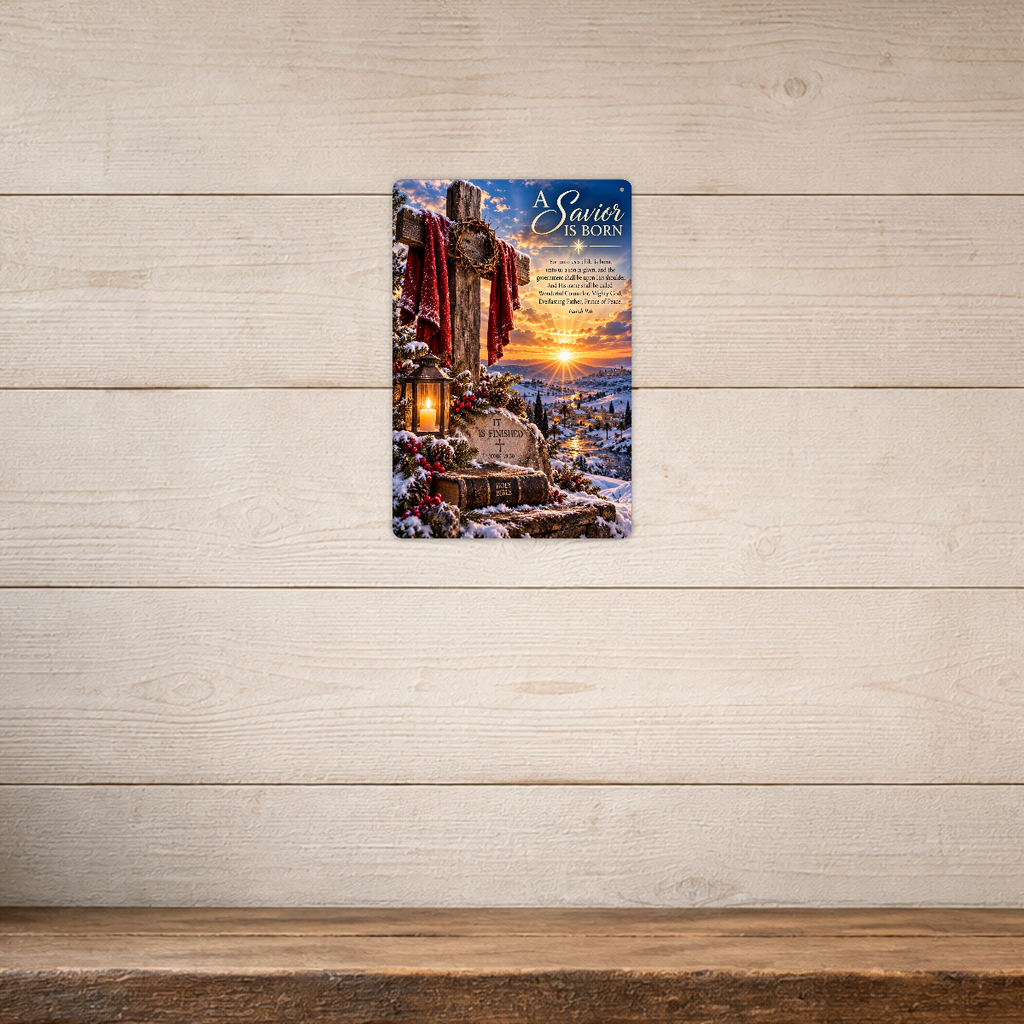 The aluminum sign showing a cross with a crown of thorns above an It Is Finished stone and a Holy Bible, mounted on a light shiplap-paneled wall.