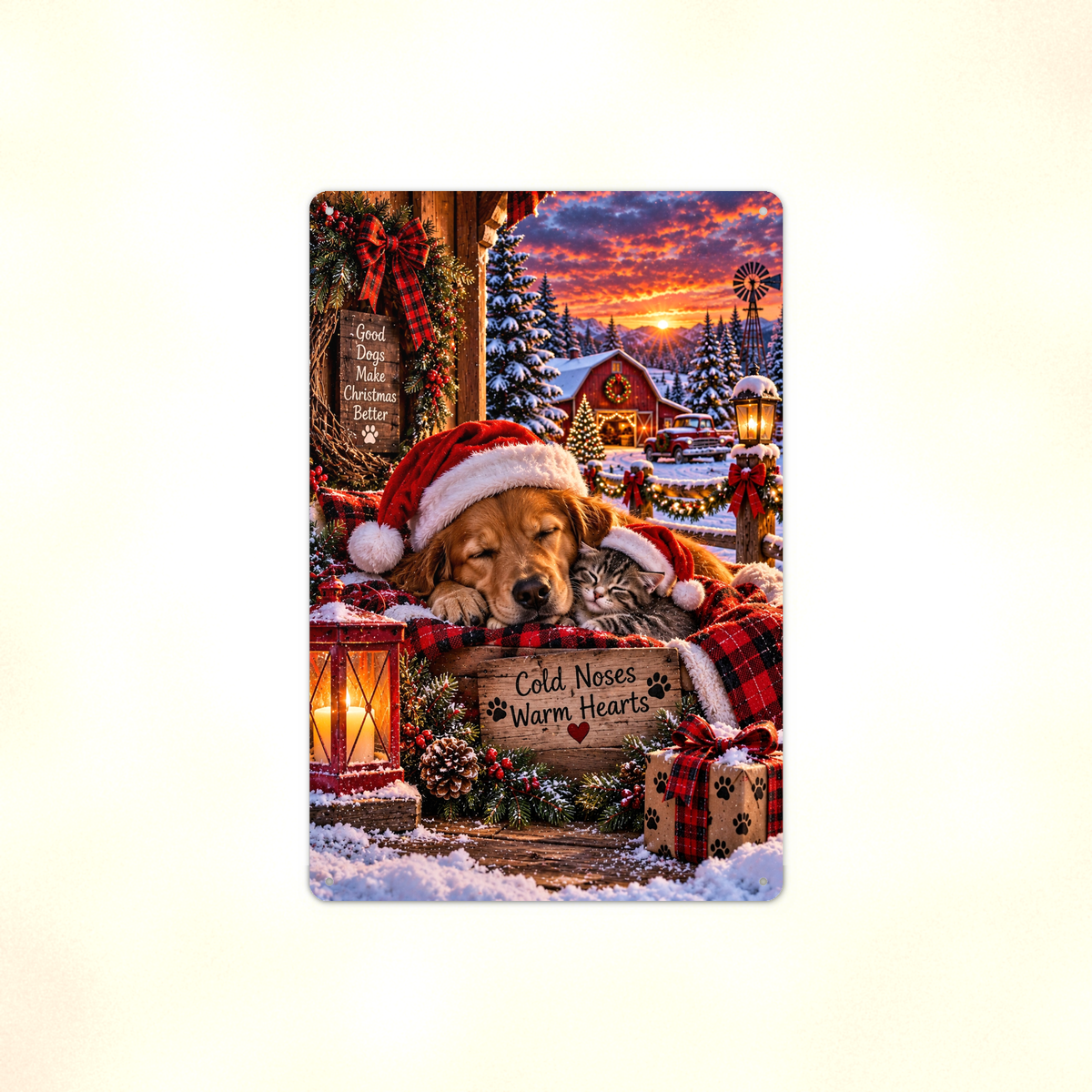 Aluminum sign showing a golden retriever and a kitten asleep together in Santa hats, displayed flat against a plain background.