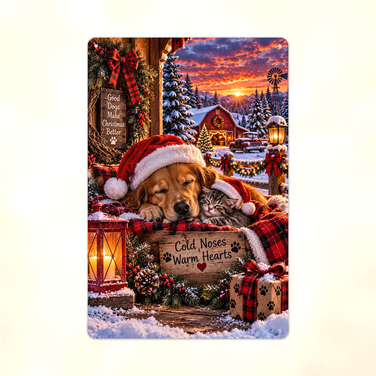 Close detail of the aluminum sign showing a golden retriever and a kitten asleep together in Santa hats.