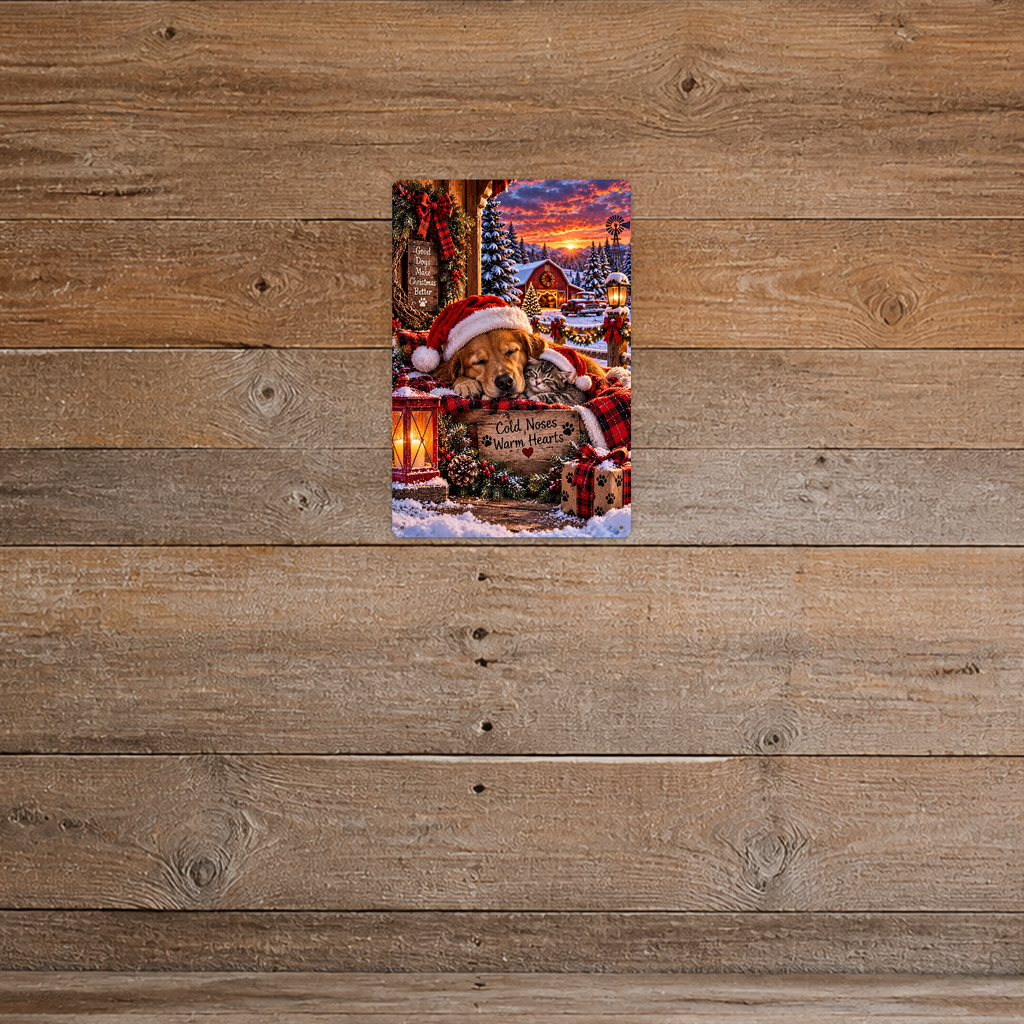 The aluminum sign showing a golden retriever and a kitten asleep together in Santa hats, mounted on a rustic dark barnwood wall.