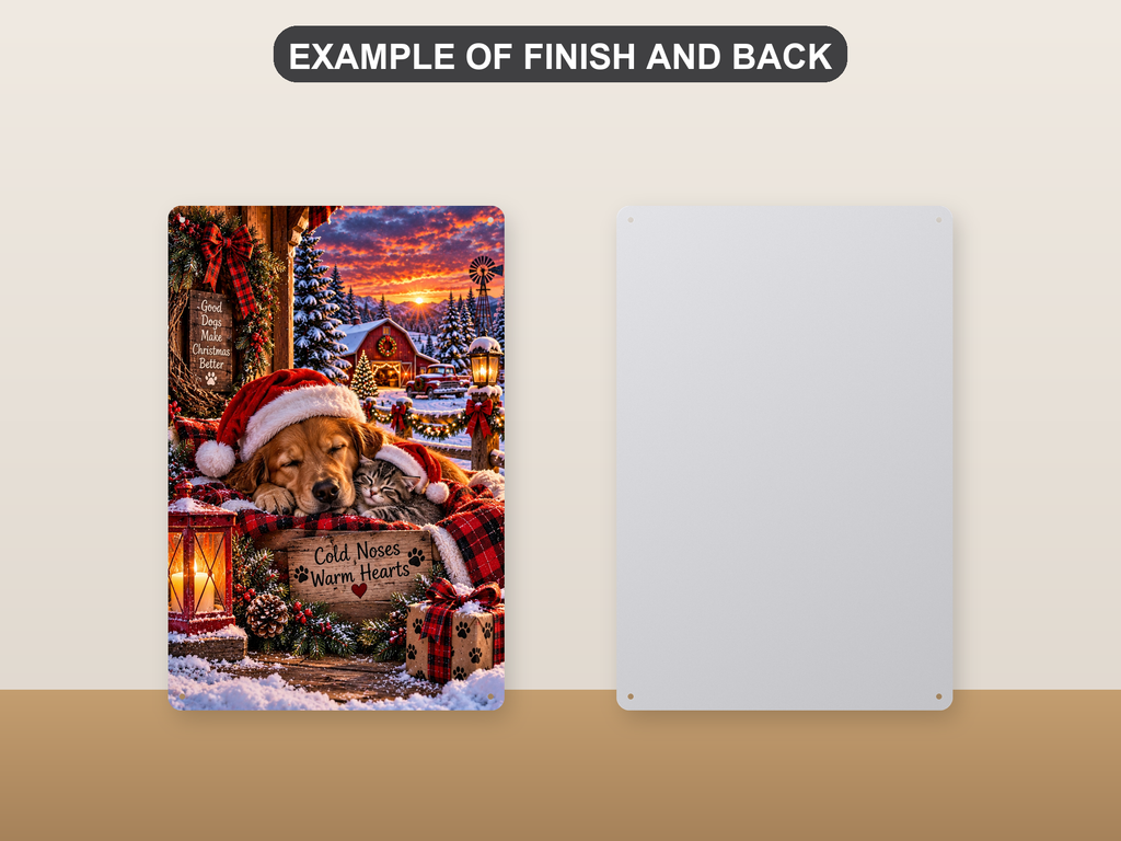 Front and back of the aluminum sign showing a golden retriever and a kitten asleep together in Santa hats - the printed face and the plain pre-drilled back.
