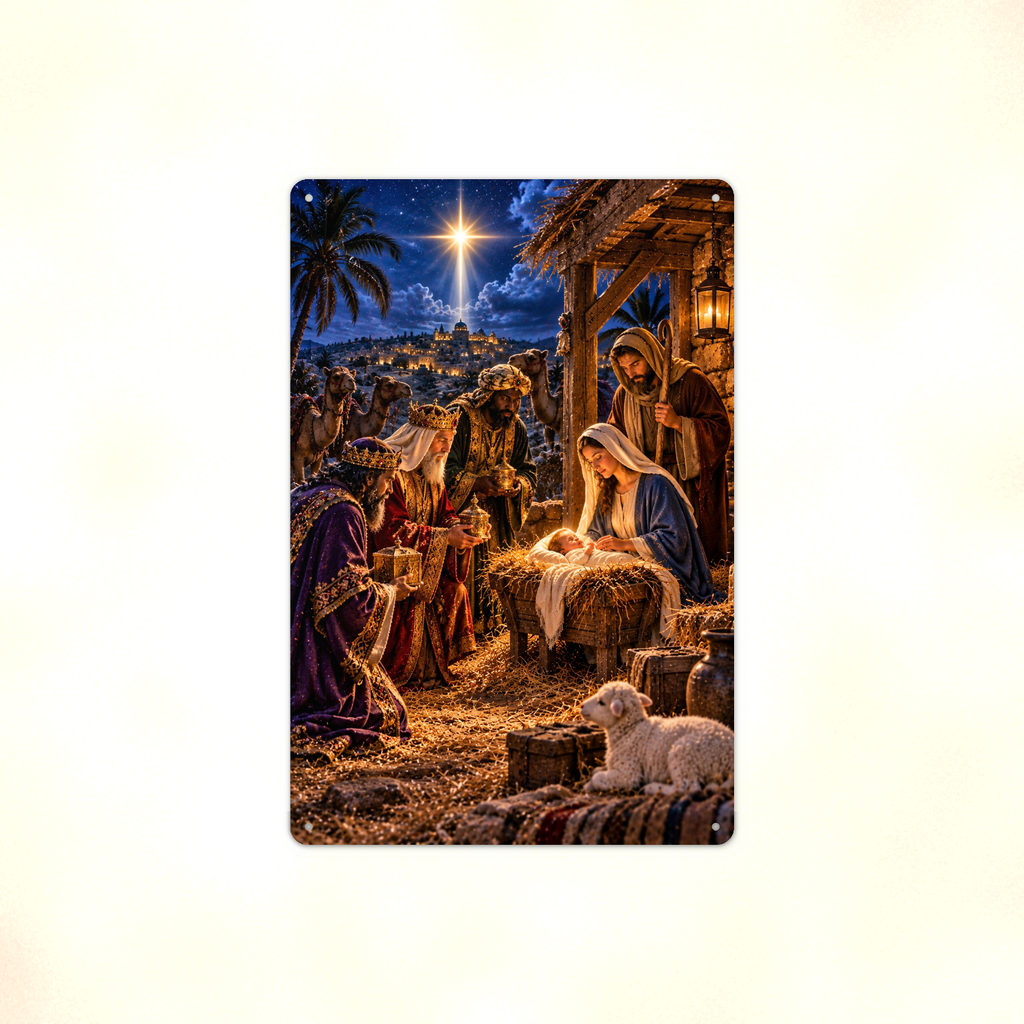 Aluminum sign showing the three wise men kneeling at the manger with their gifts, displayed flat against a plain background.