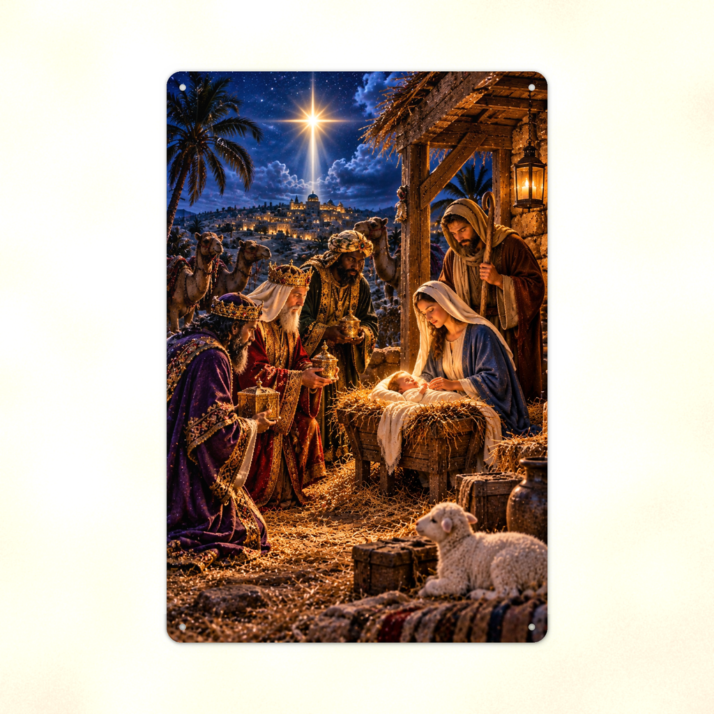 Close detail of the aluminum sign showing the three wise men kneeling at the manger with their gifts.