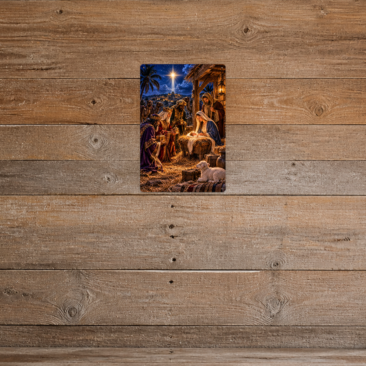 The aluminum sign showing the three wise men kneeling at the manger with their gifts, mounted on a rustic dark barnwood wall.