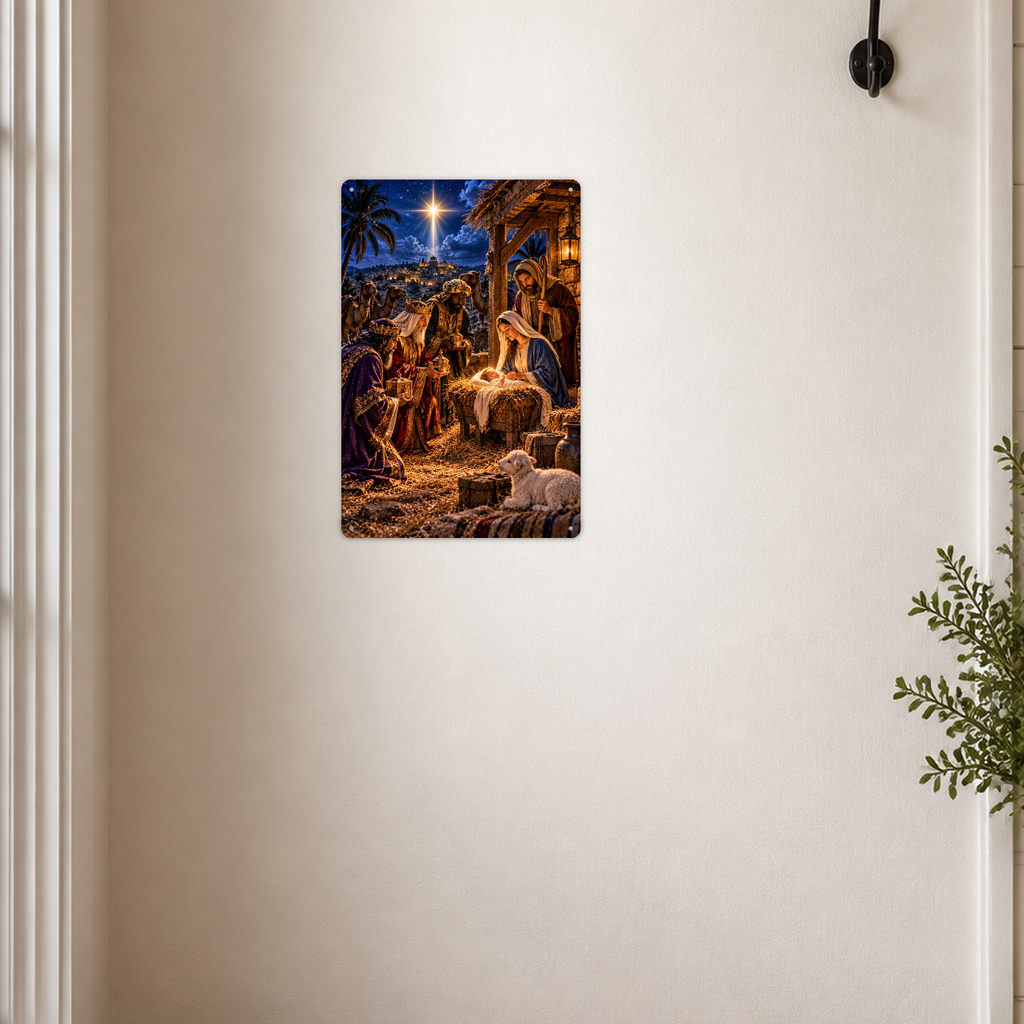 The aluminum sign showing the three wise men kneeling at the manger with their gifts, mounted on a cream wall near a coat hook and a potted plant.
