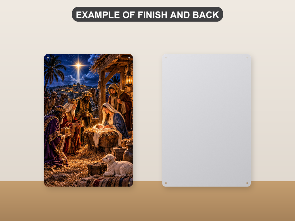 Front and back of the aluminum sign showing the three wise men kneeling at the manger with their gifts - the printed face and the plain pre-drilled back.