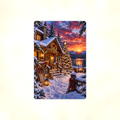 Aluminum sign showing a snowy log cabin at sunset by a lake, with a dog resting on the porch, displayed flat against a plain background.
