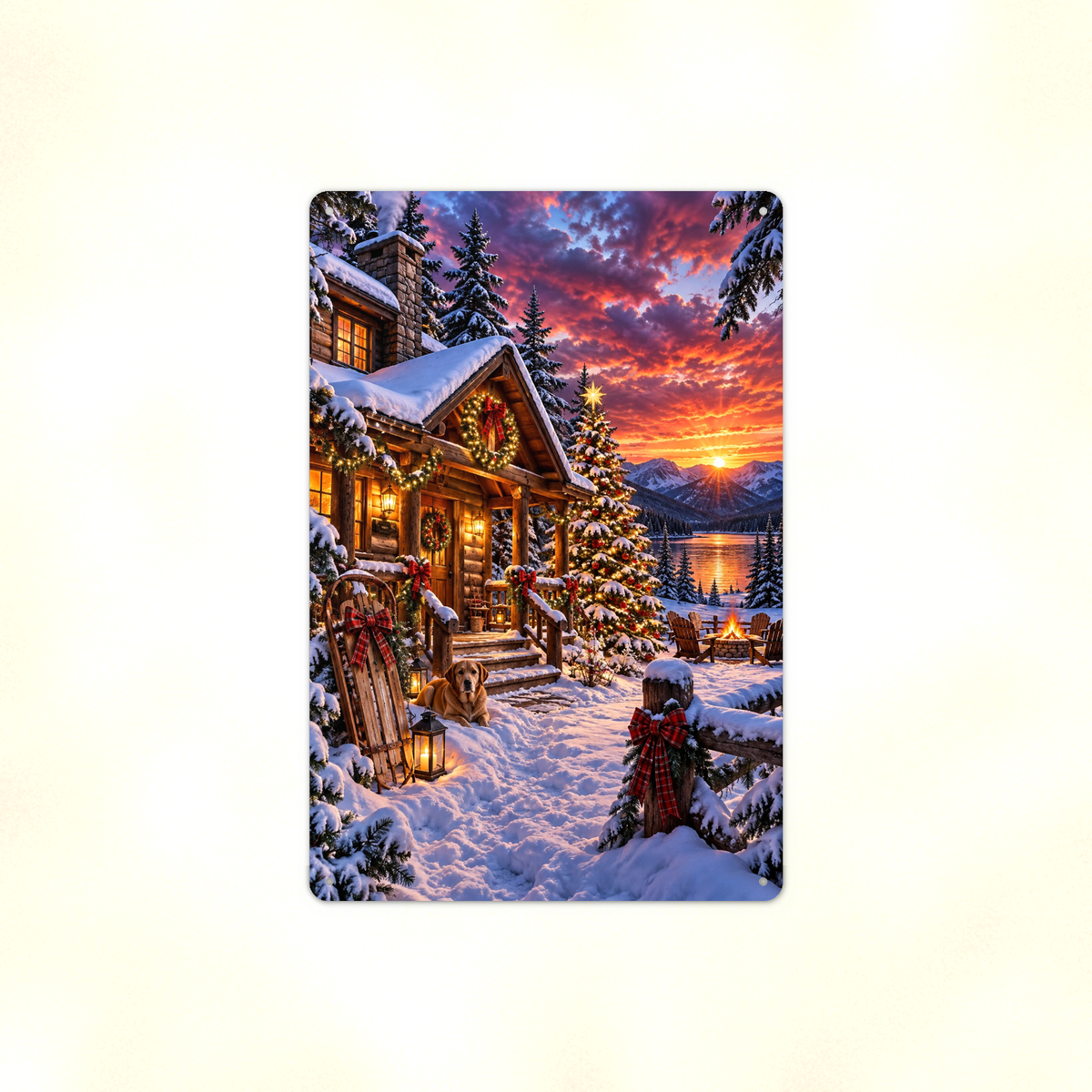 Aluminum sign showing a snowy log cabin at sunset by a lake, with a dog resting on the porch, displayed flat against a plain background.