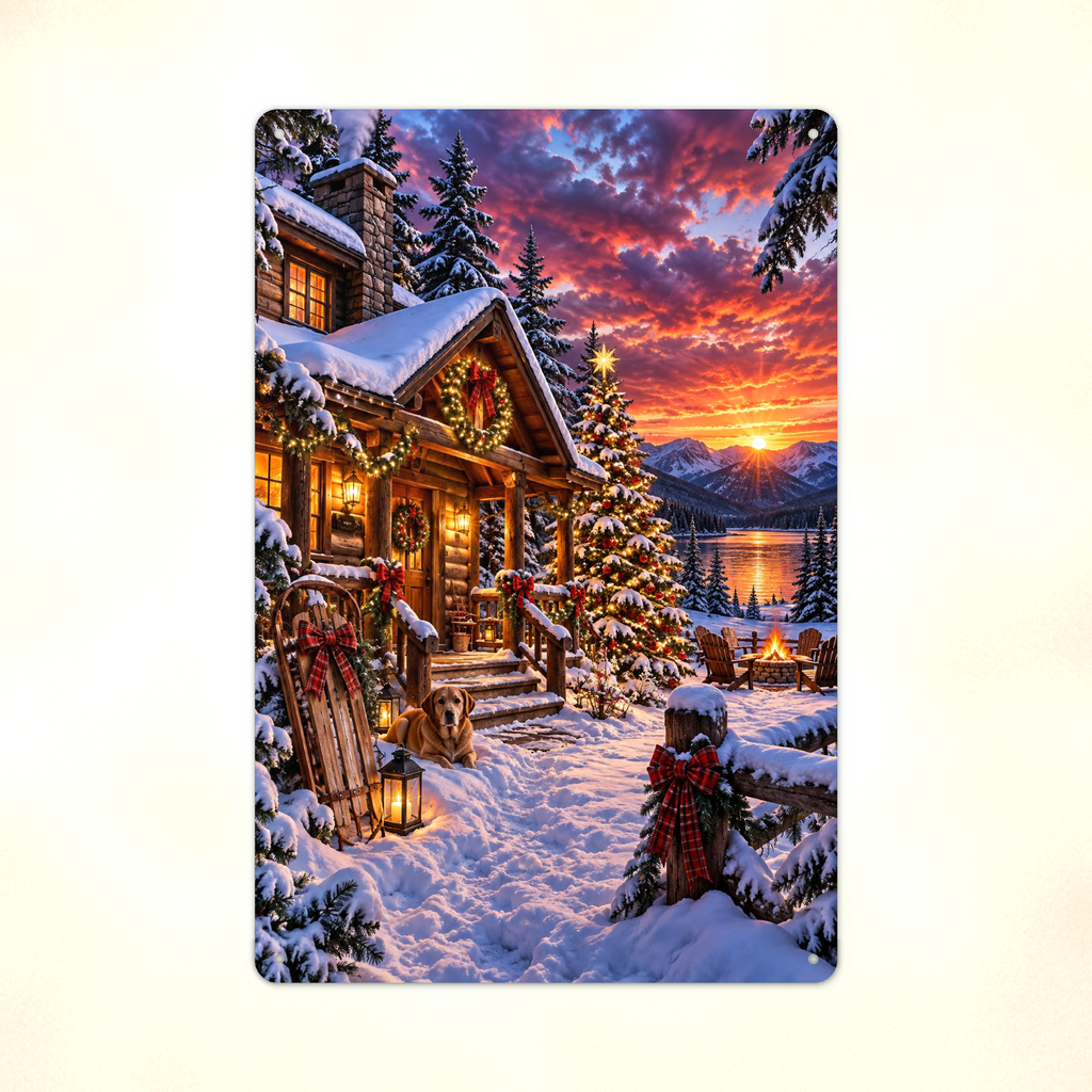Close detail of the aluminum sign showing a snowy log cabin at sunset by a lake, with a dog resting on the porch.