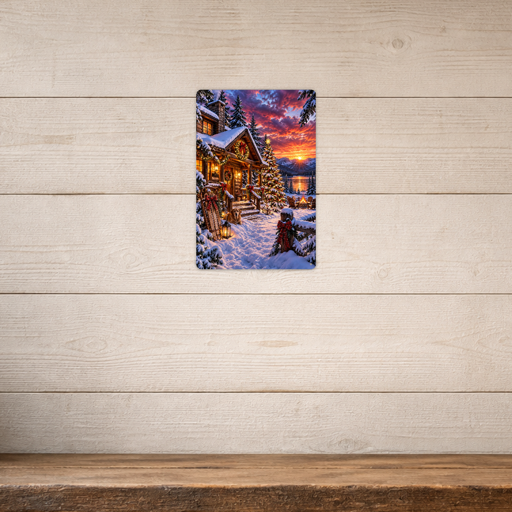 The aluminum sign showing a snowy log cabin at sunset by a lake, with a dog resting on the porch, mounted on a light shiplap-paneled wall.