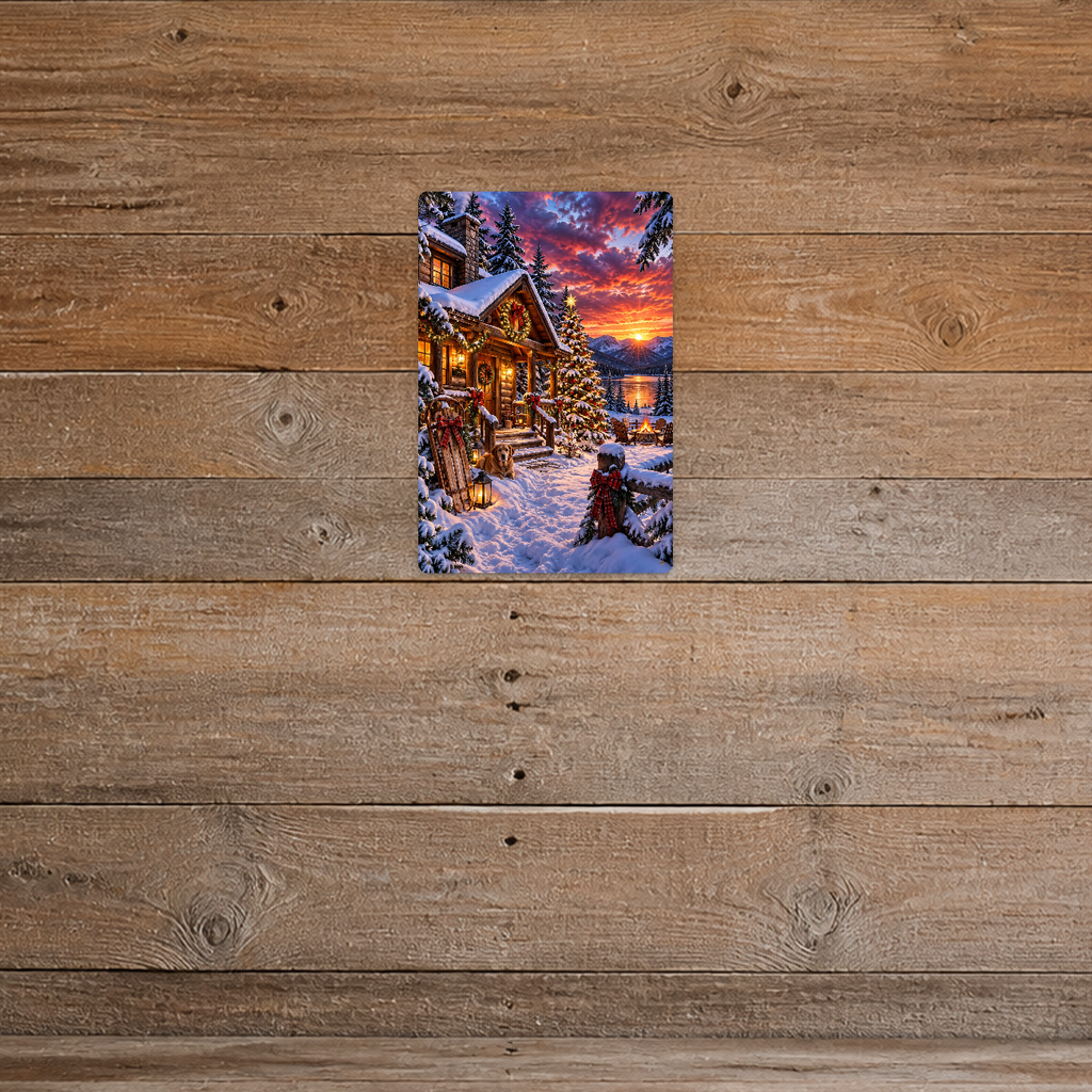 The aluminum sign showing a snowy log cabin at sunset by a lake, with a dog resting on the porch, mounted on a rustic dark barnwood wall.