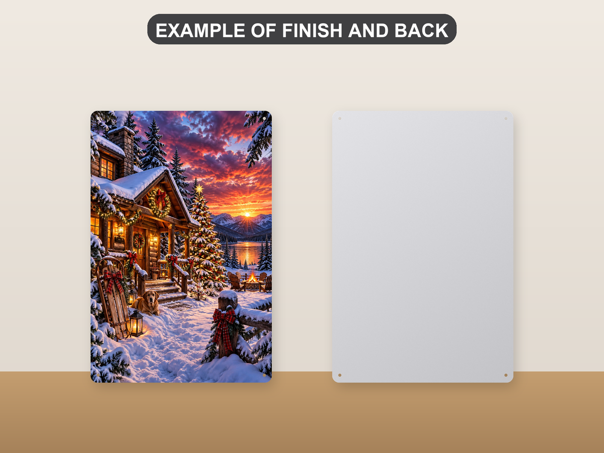 Front and back of the aluminum sign showing a snowy log cabin at sunset by a lake, with a dog resting on the porch - the printed face and the plain pre-drilled back.