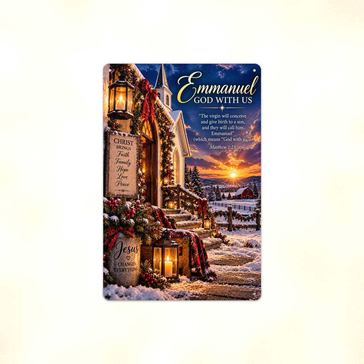 Aluminum sign showing a snowy church with an Emmanuel, God With Us sign, displayed flat against a plain background.