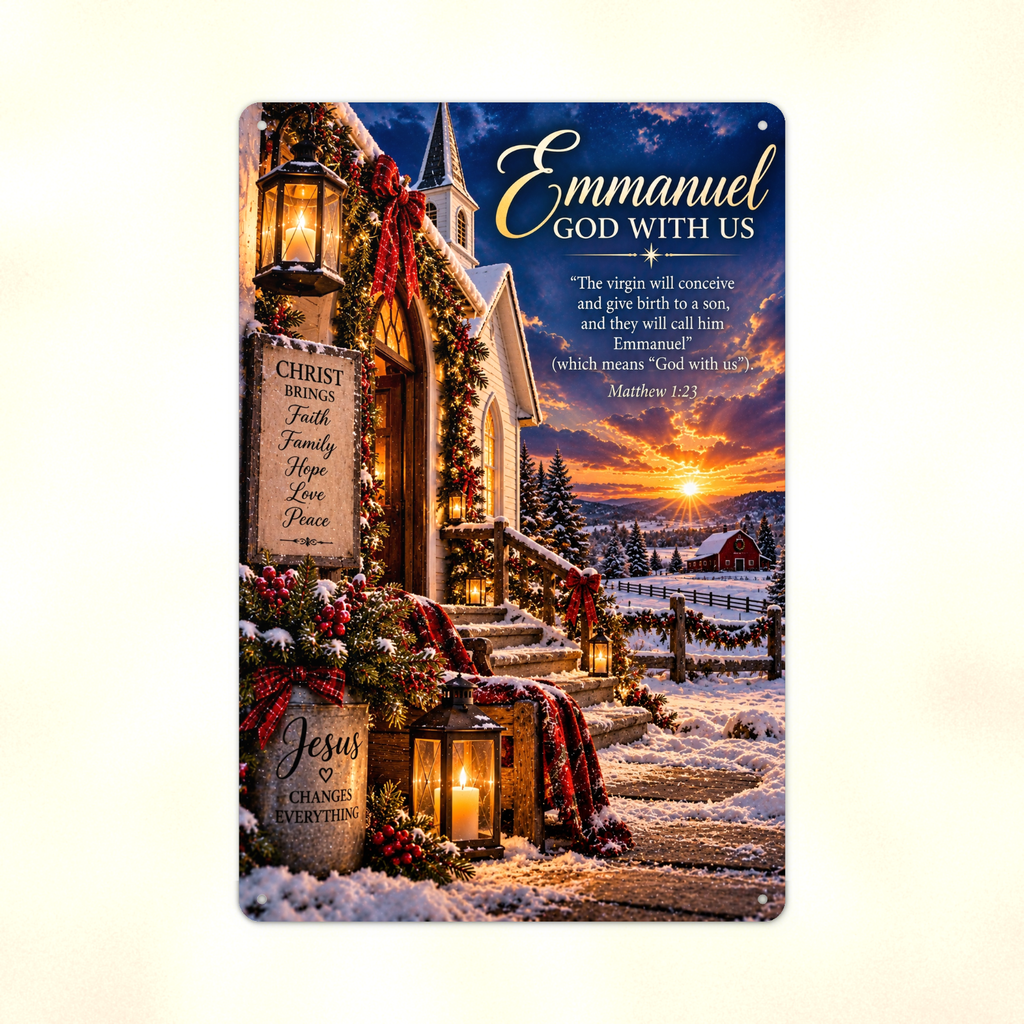 Close detail of the aluminum sign showing a snowy church with an Emmanuel, God With Us sign.