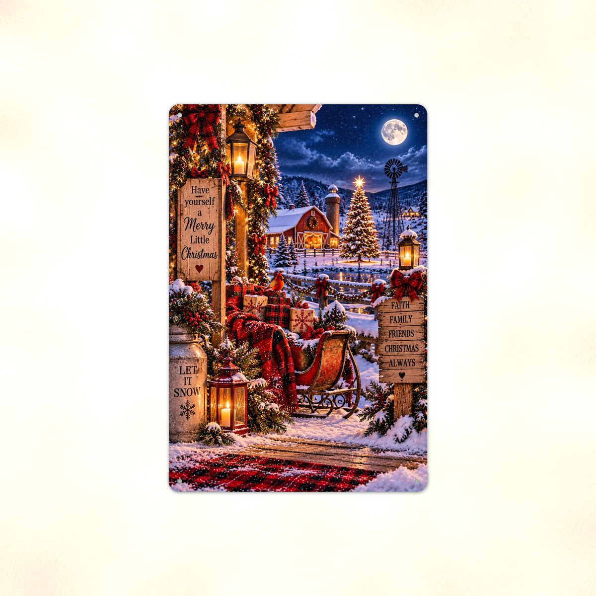 Aluminum sign showing a farmhouse porch with a gift-laden sleigh, a snowy barn, and a windmill, displayed flat against a plain background.