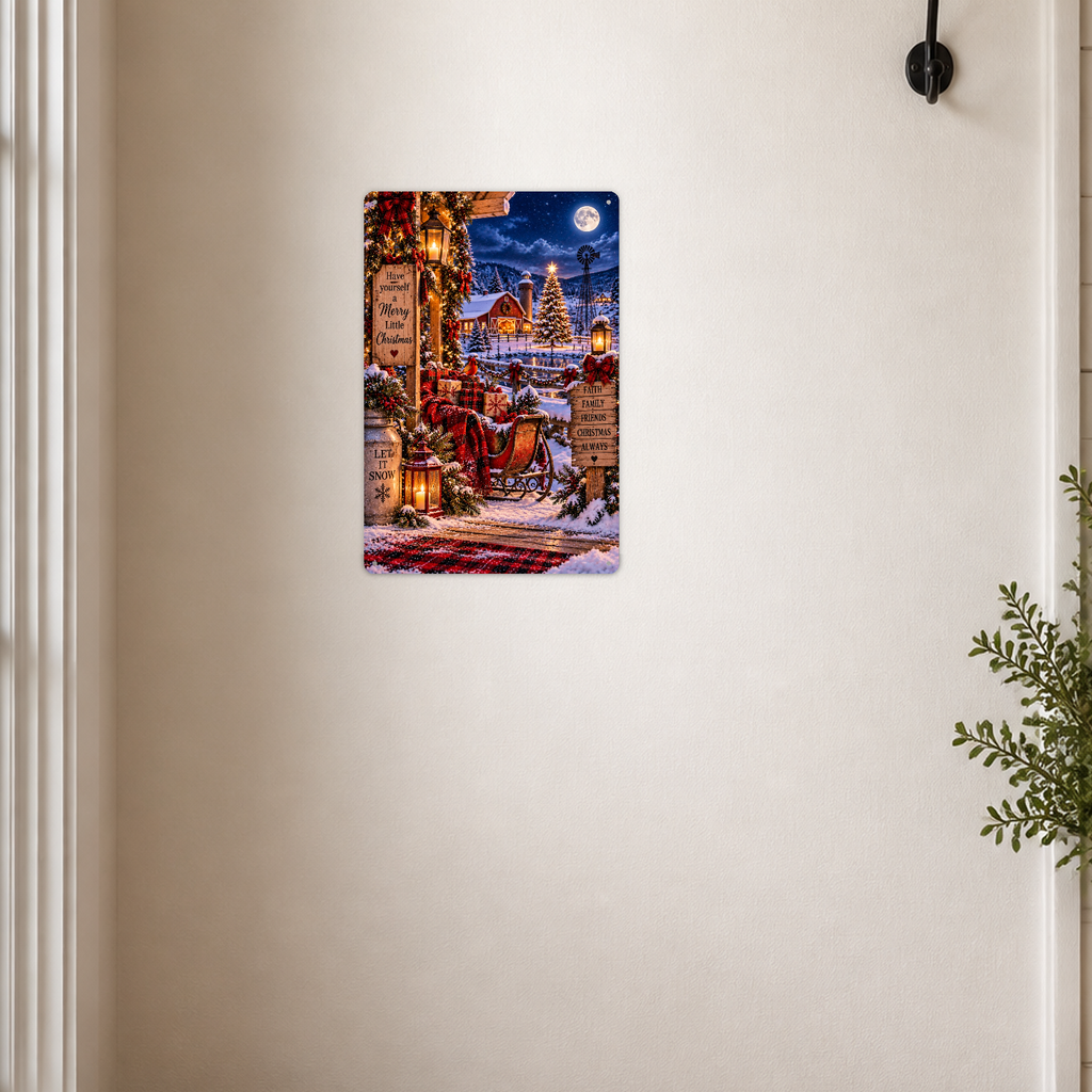 The aluminum sign showing a farmhouse porch with a gift-laden sleigh, a snowy barn, and a windmill, mounted on a cream wall near a coat hook and a potted plant.