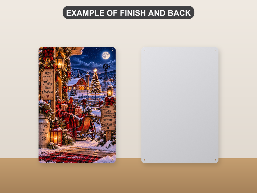 Front and back of the aluminum sign showing a farmhouse porch with a gift-laden sleigh, a snowy barn, and a windmill - the printed face and the plain pre-drilled back.
