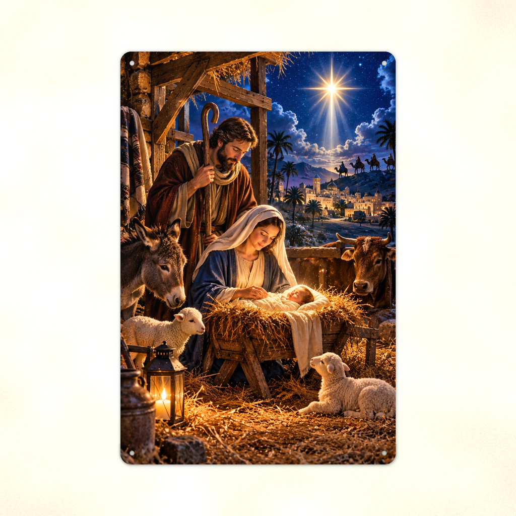 Close detail of the aluminum sign showing the Holy Family at the manger with a donkey, ox, and lambs.
