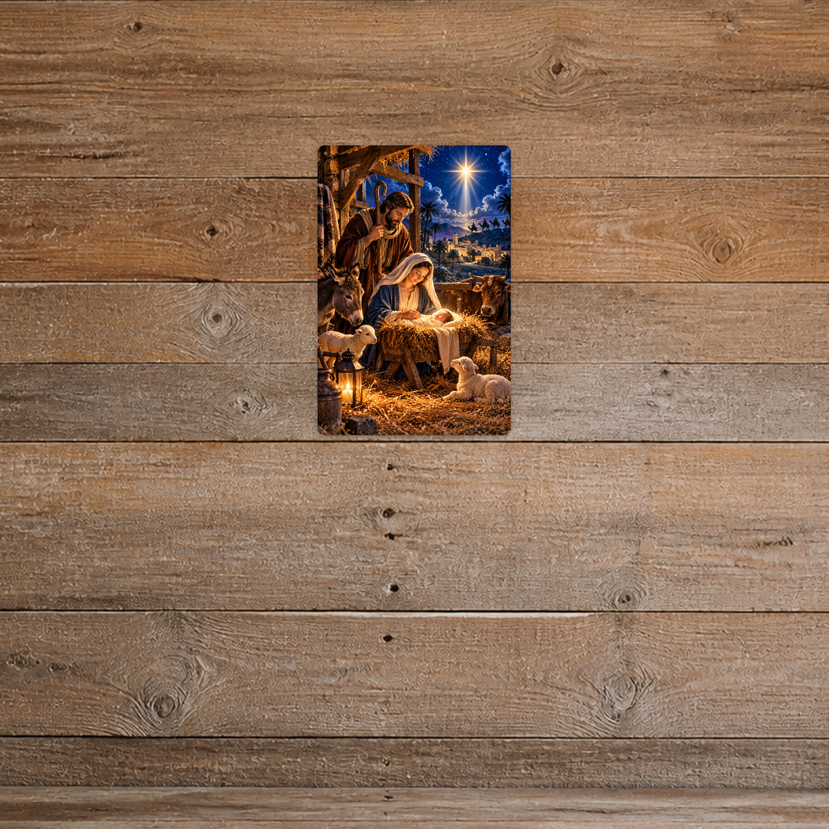 The aluminum sign showing the Holy Family at the manger with a donkey, ox, and lambs, mounted on a rustic dark barnwood wall.