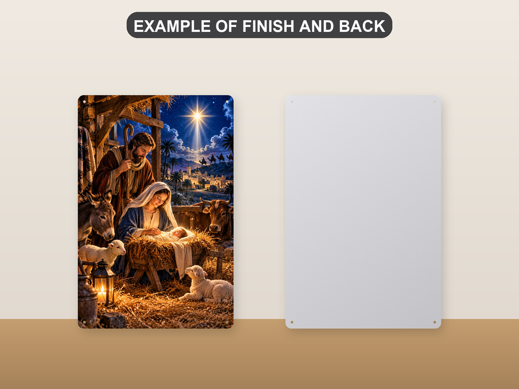 Front and back of the aluminum sign showing the Holy Family at the manger with a donkey, ox, and lambs - the printed face and the plain pre-drilled back.