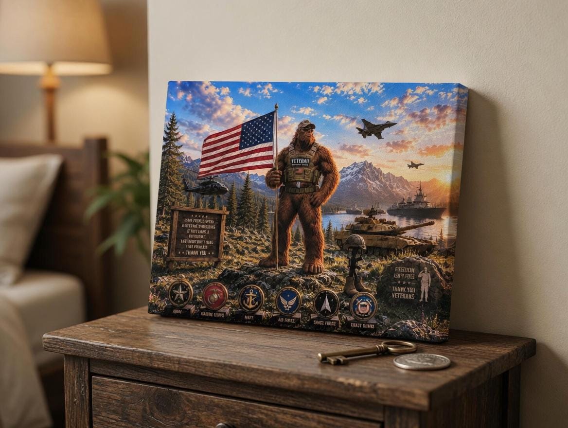 Veteran Bigfoot Canvas Print Canvas Print — shown on a rustic wall