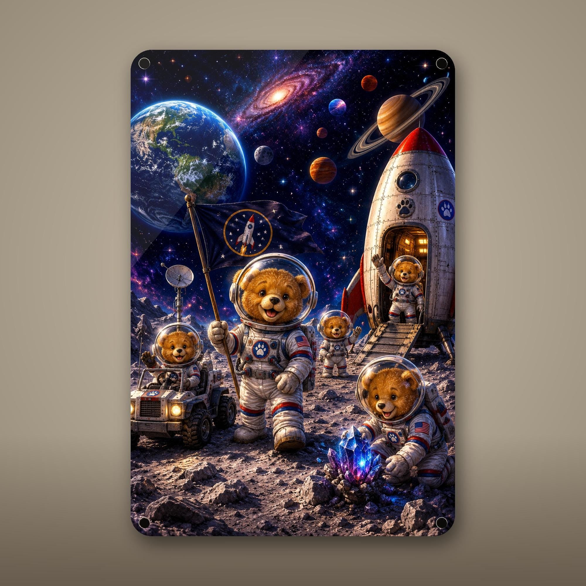 Space Explorer Bear Crew Aluminum Sign Aluminum Sign — front view on white background