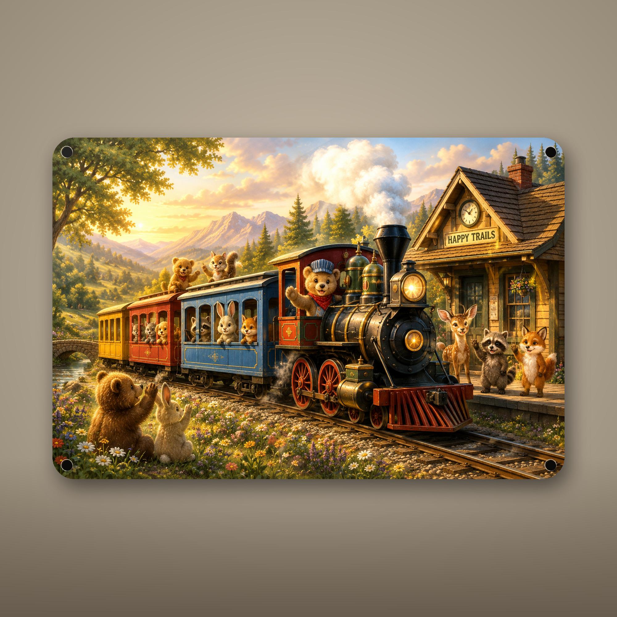 Storybook Mountain Train Aluminum Sign Aluminum Sign — front view on white background