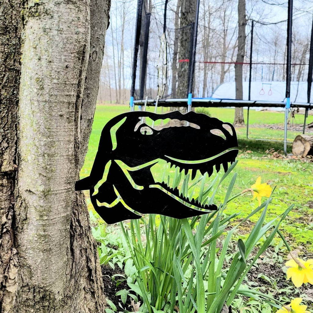 T-Rex Dinosaur Metal Garden Stake Metal Garden Stake — front view on white background