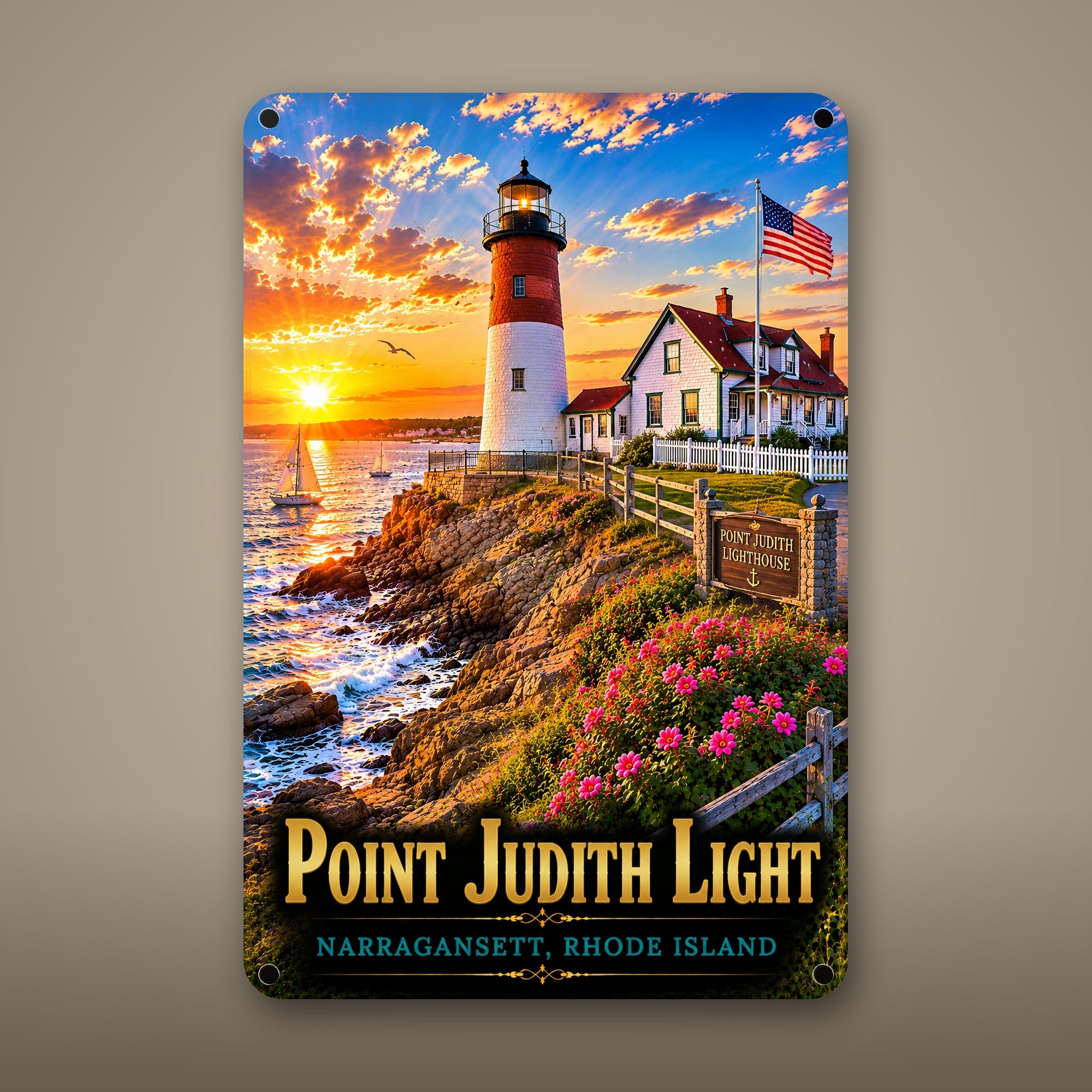 Point Judith Light Metal Wall Art, Aluminum Sign, Narragansett, Rhode Island Coastal Decor, Nautical Wall Hanging, Lighthouse Lover Gift