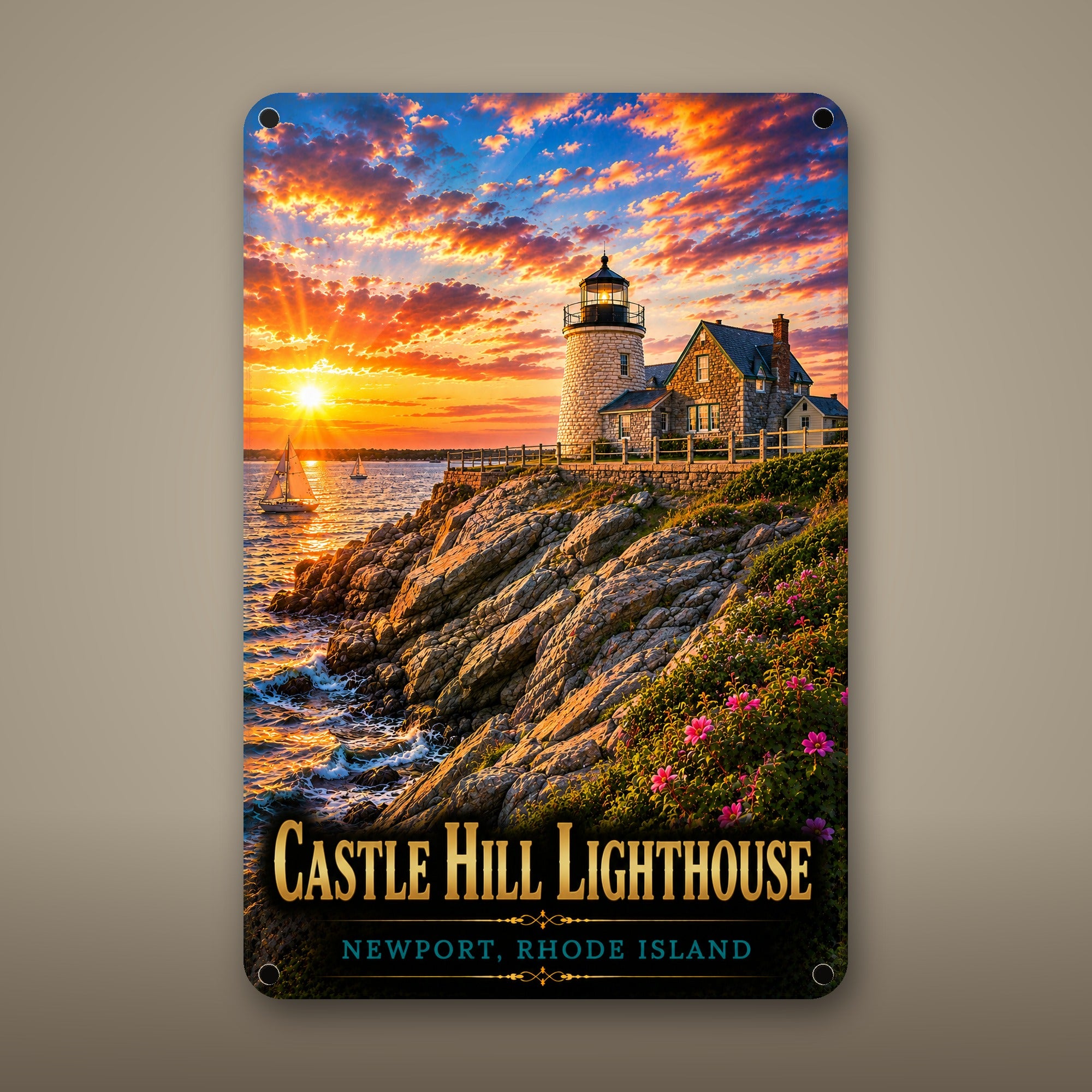 Castle Hill Lighthouse Metal Wall Art, Aluminum Sign, Newport, Rhode Island Coastal Decor, Nautical Wall Hanging, Lighthouse Lover Gift