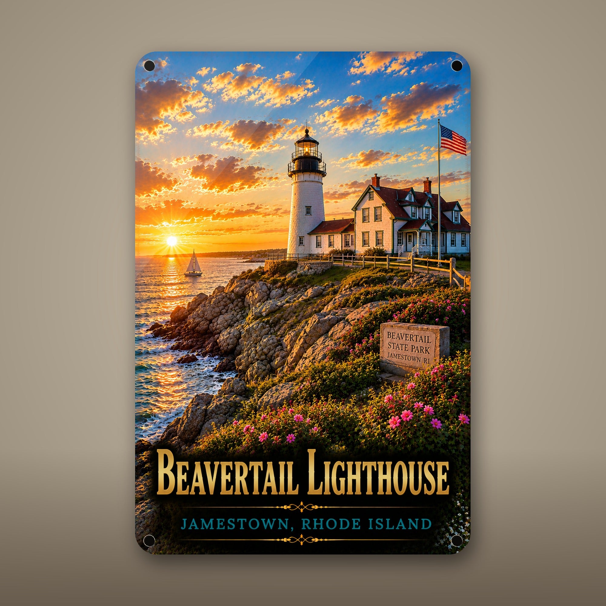 Beavertail Lighthouse Metal Wall Art, Aluminum Sign, Jamestown, Rhode Island Coastal Decor, Nautical Wall Hanging, Lighthouse Lover Gift