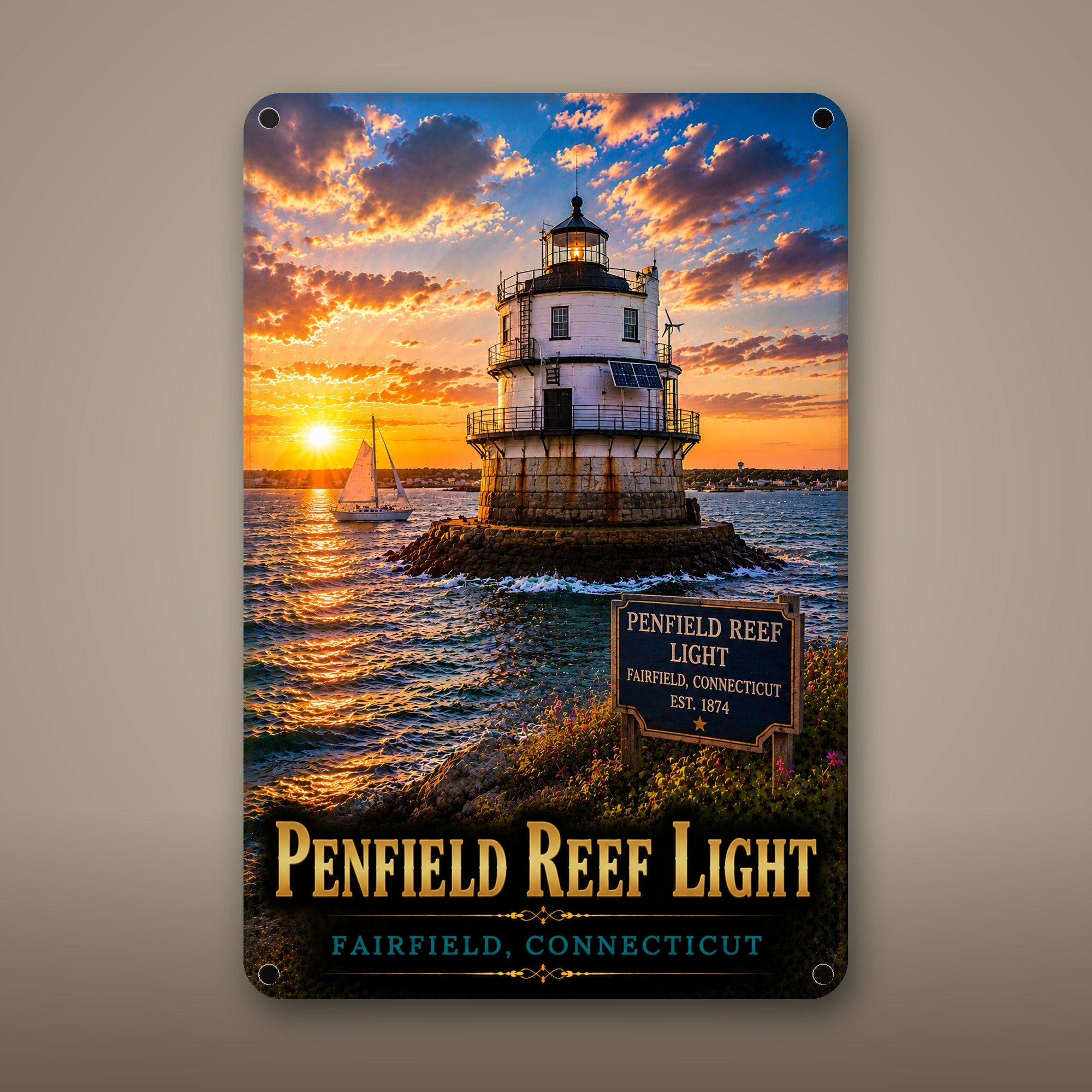 Penfield Reef Light Metal Wall Art, Aluminum Sign, Fairfield, Connecticut Coastal Decor, Nautical Wall Hanging, Lighthouse Lover Gift