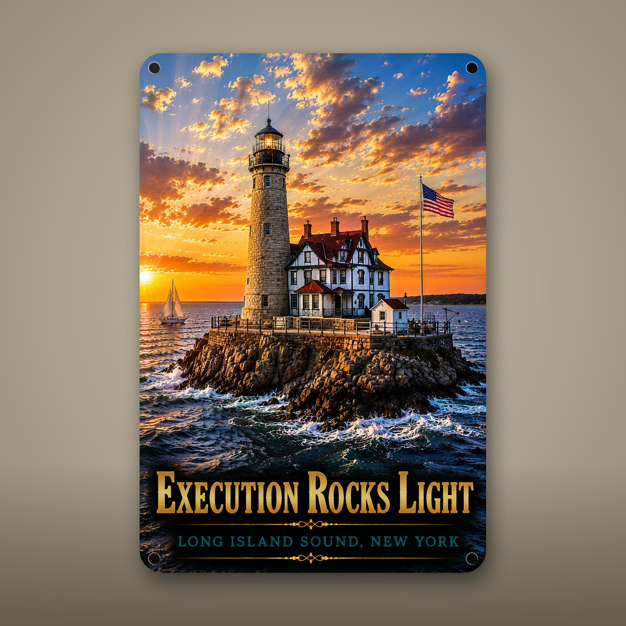 Execution Rocks Light Metal Wall Art, Aluminum Sign, Long Island Sound, New York Coastal Decor, Nautical Wall Hanging, Lighthouse Lover Gift