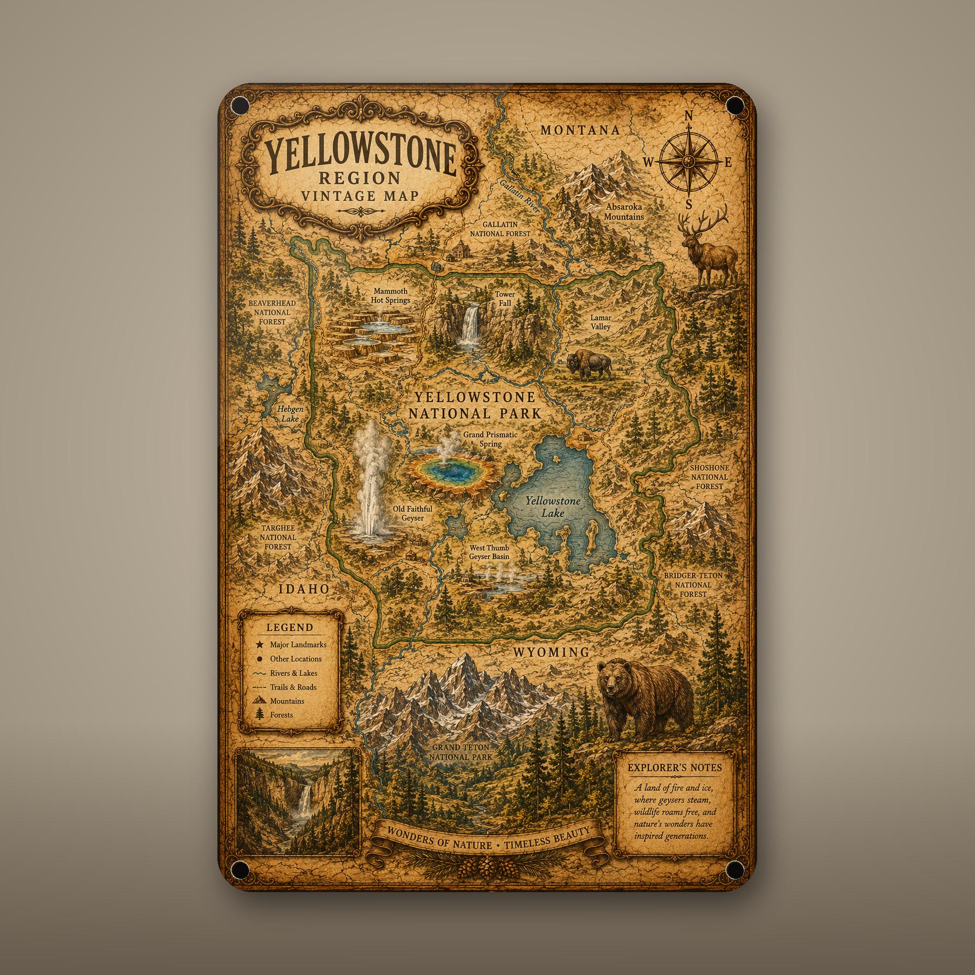 Vintage Yellowstone Map Aluminum Sign Aluminum Sign — front view on white background