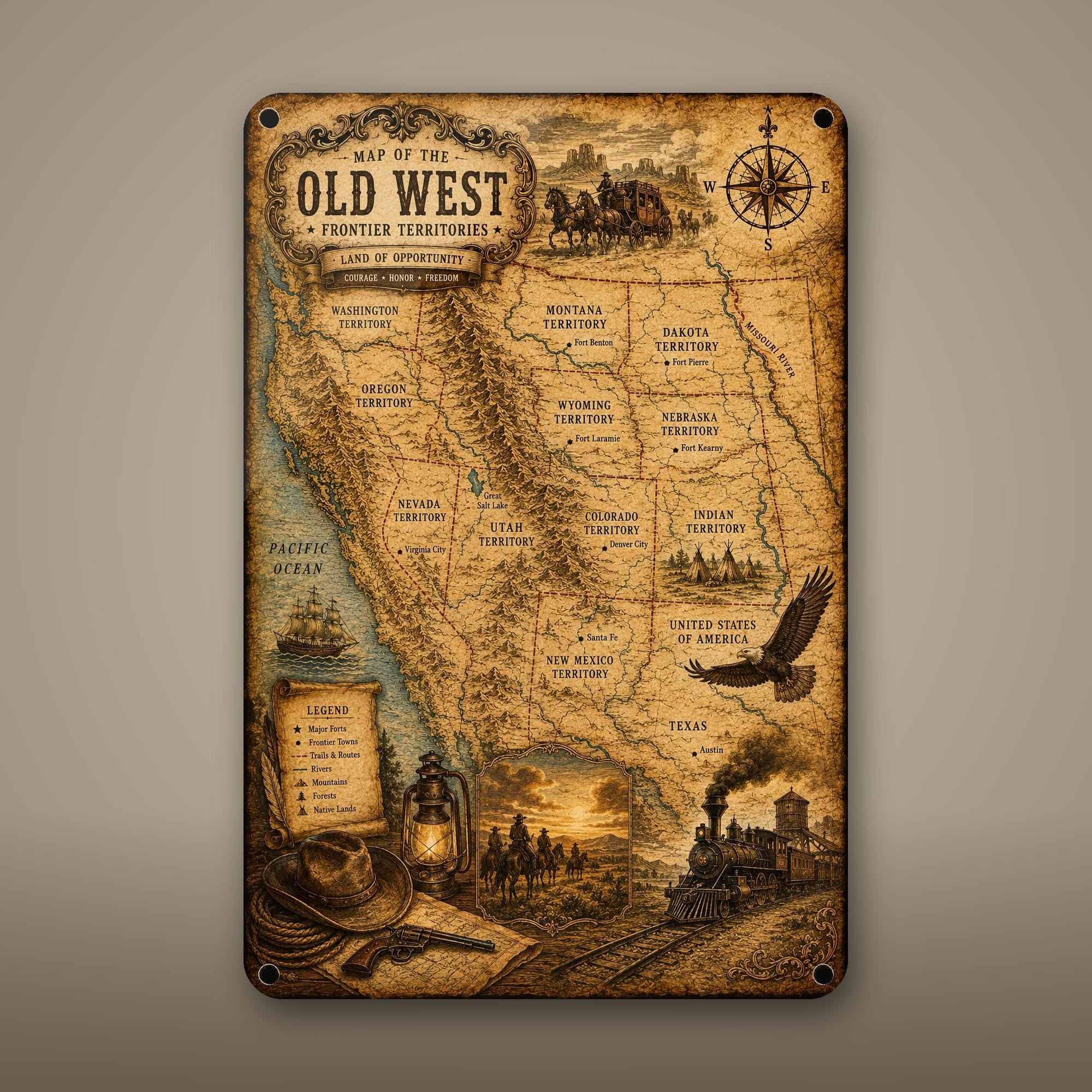 Vintage Old West Map Aluminum Sign Aluminum Sign — front view on white background