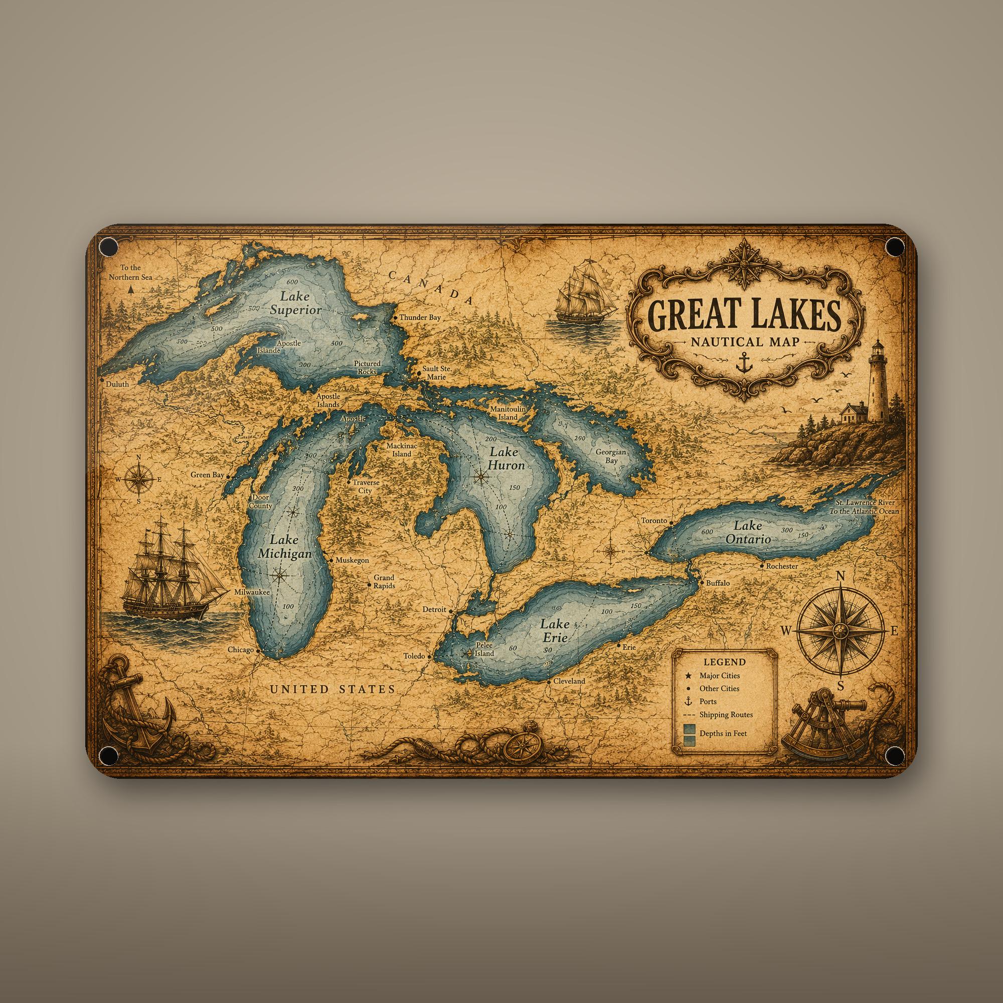 Vintage Great Lakes Map Aluminum Sign Aluminum Sign — front view on white background