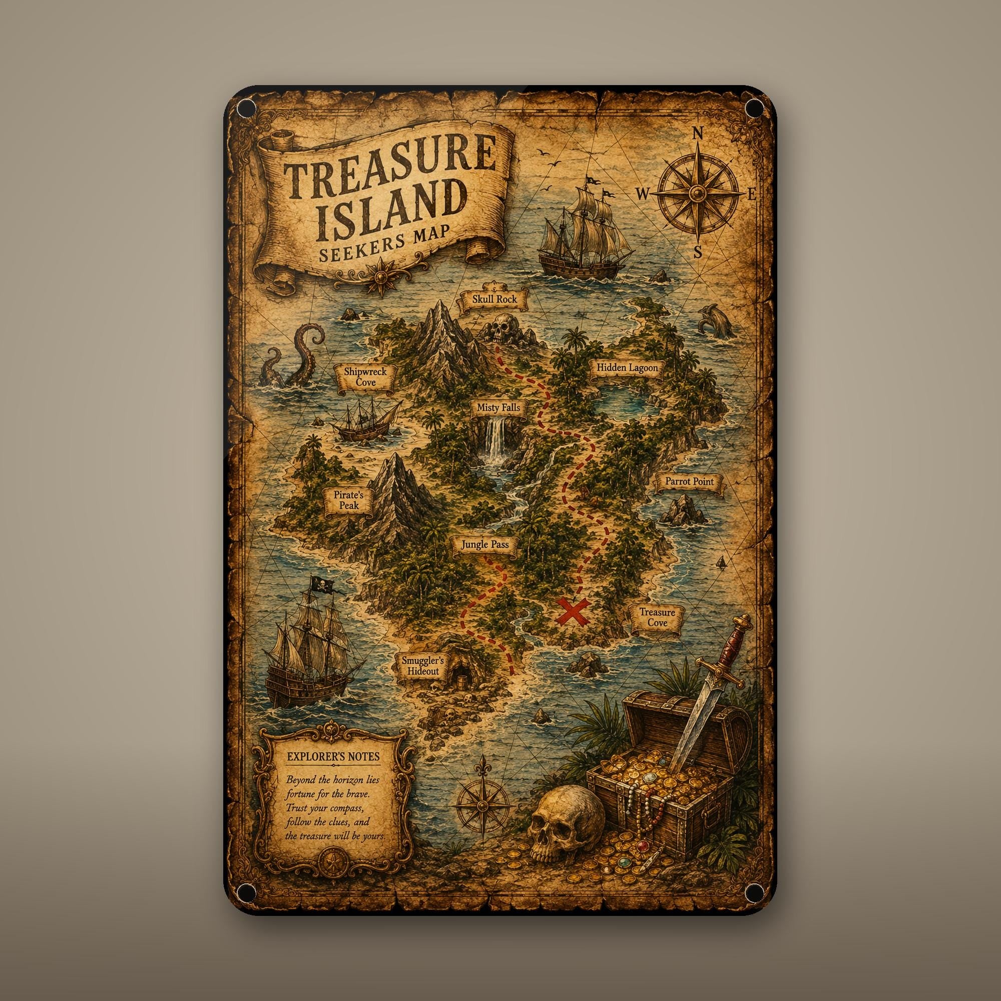 Treasure Island Map Aluminum Sign Aluminum Sign — front view on white background