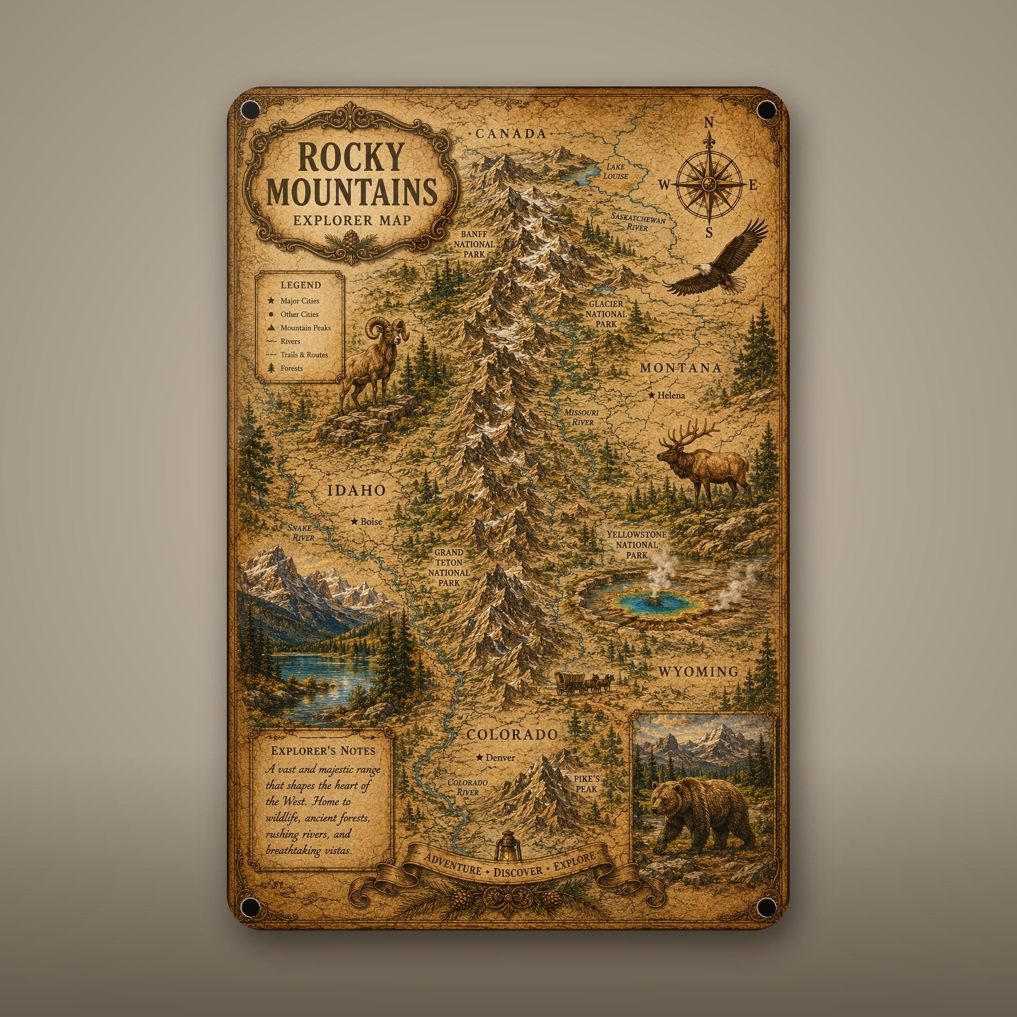 Vintage Rocky Mountains Map Aluminum Sign Aluminum Sign — front view on white background