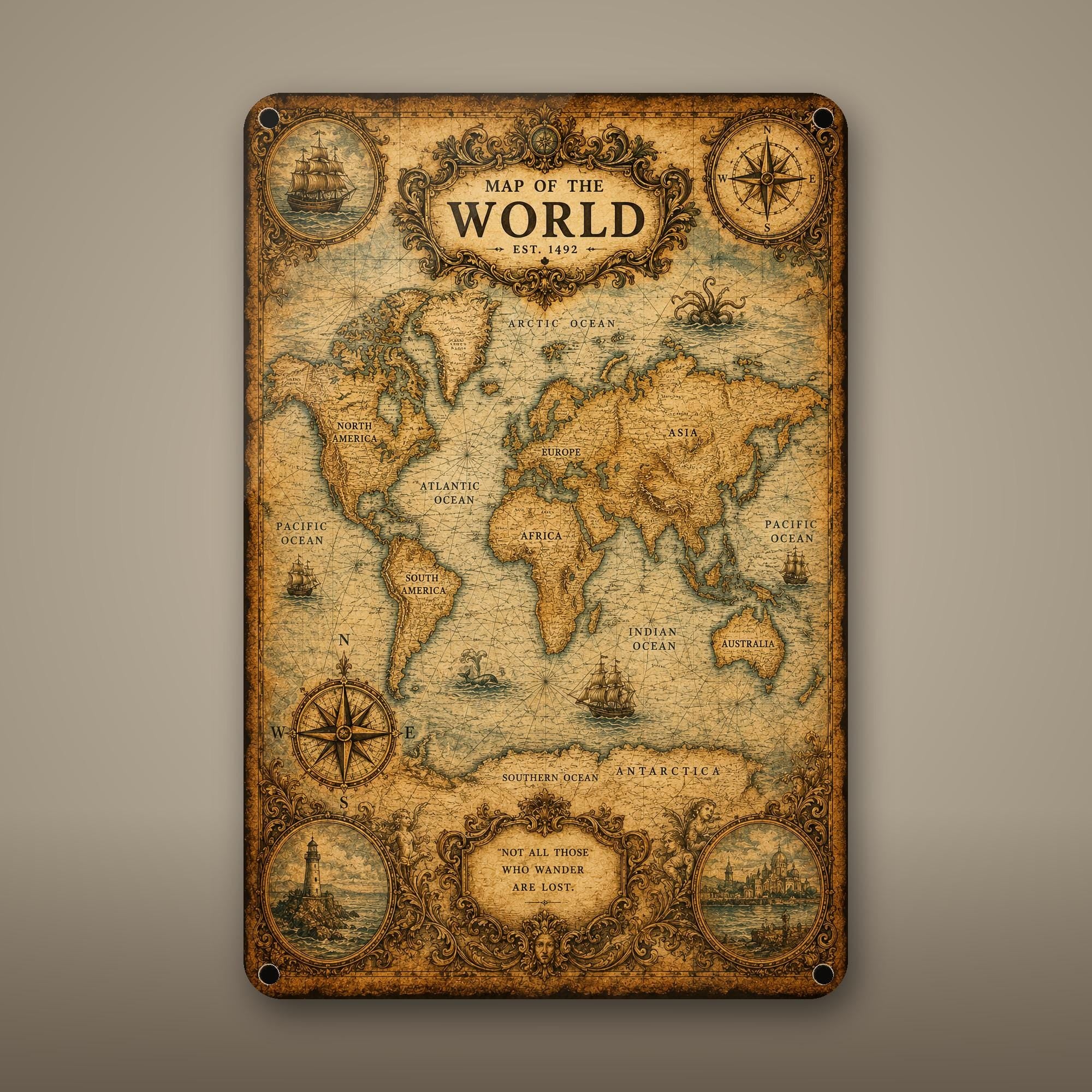 Vintage World Map Aluminum Sign Aluminum Sign — front view on white background
