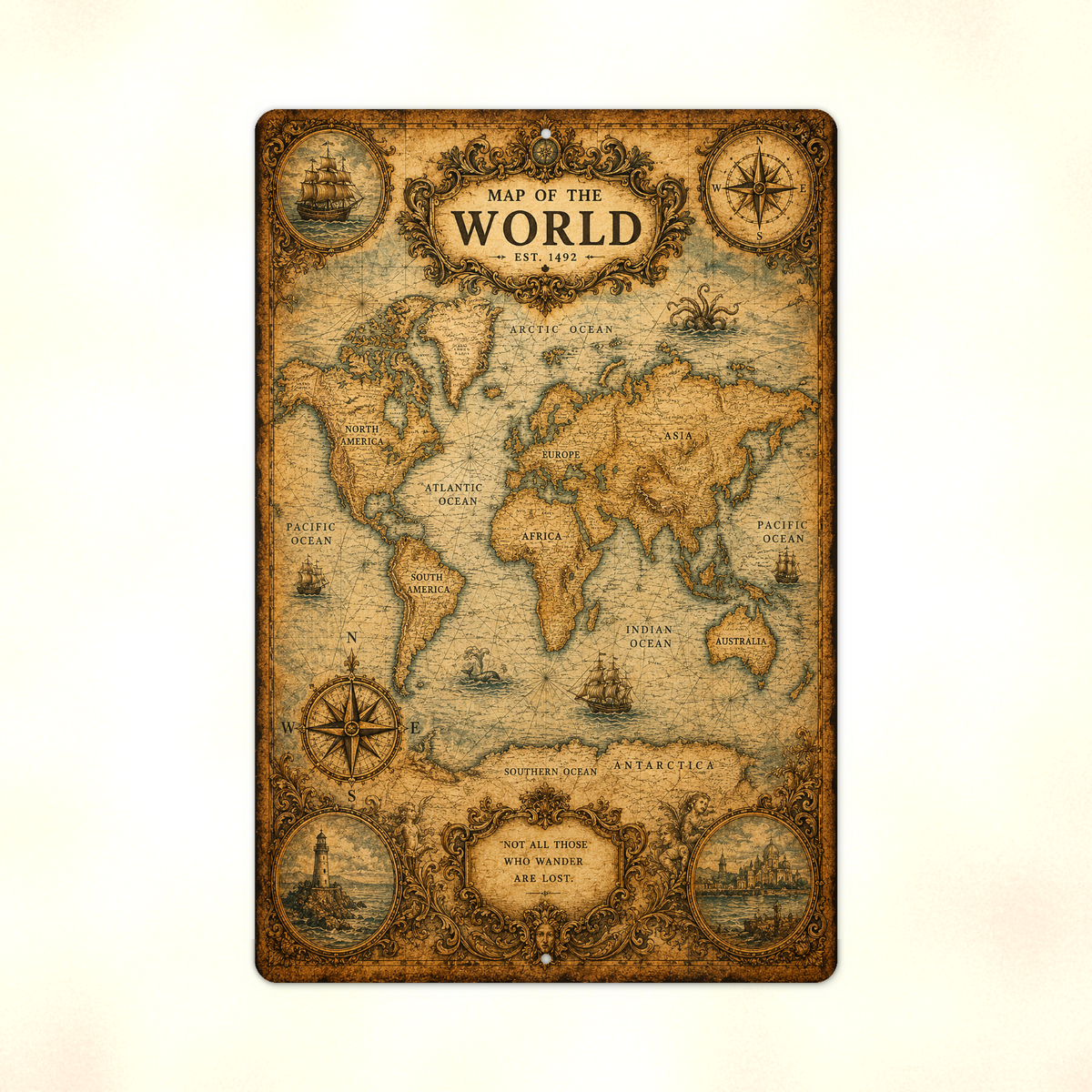 Full view of the sign showing an antique-style gold world map with compass roses and nautical vignettes against a pale background.