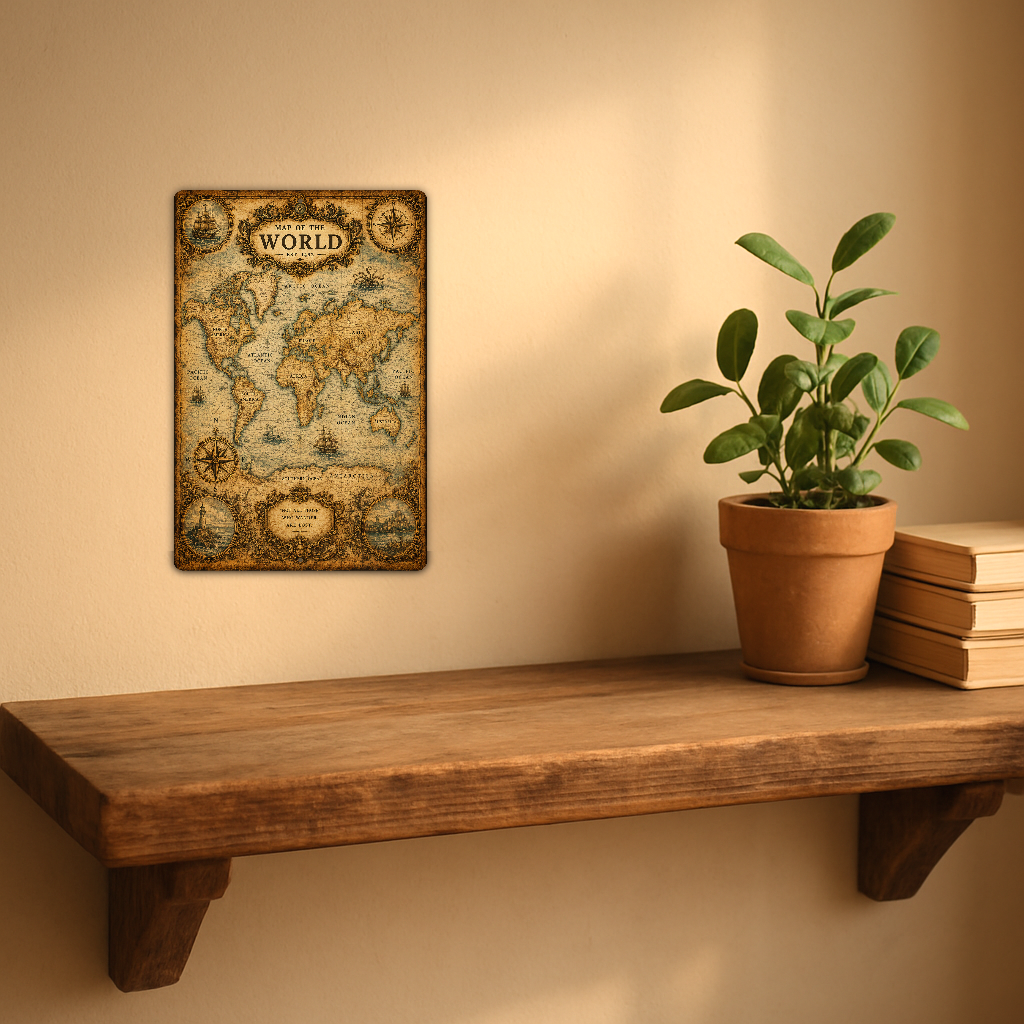 Sign showing an antique-style gold world map with compass roses and nautical vignettes, displayed on a warm beige wall above a rustic shelf with a potted plant and books.