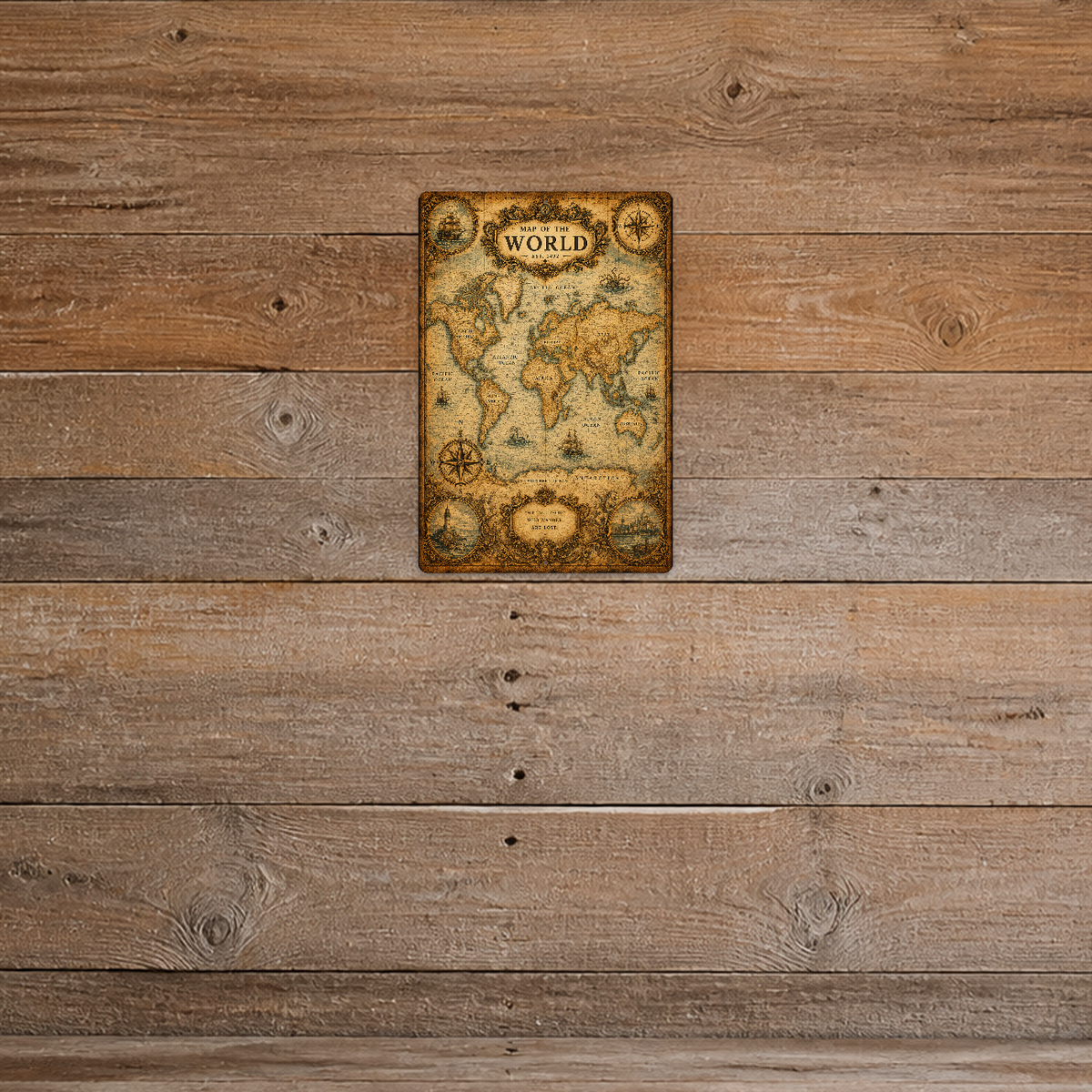 Sign showing an antique-style gold world map with compass roses and nautical vignettes, displayed on a weathered horizontal wood-plank wall.