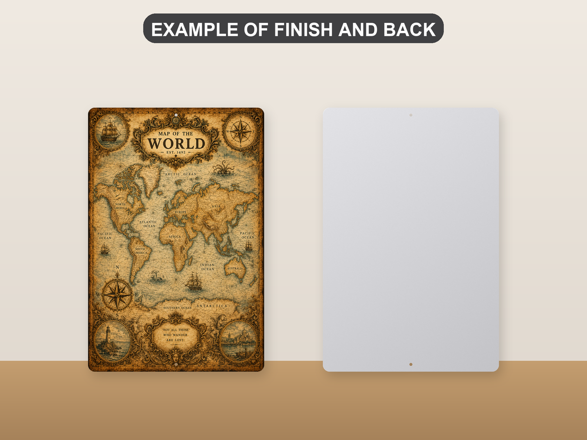 Front-and-back comparison card showing an antique-style gold world map with compass roses and nautical vignettes on the printed sign beside its plain metal back.