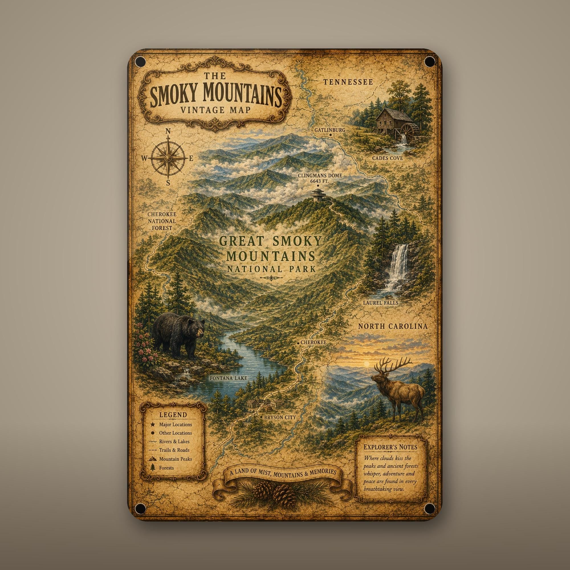Vintage Smoky Mountains Map Aluminum Sign Aluminum Sign — front view on white background
