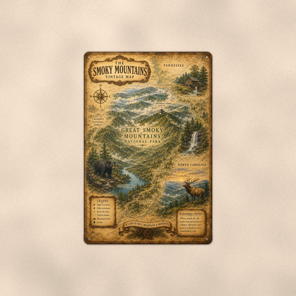 Vintage Smoky Mountains Map on a sublimated 8 x 12 in aluminum sign, shown whole against a plain wall — wall decor, handmade gift.